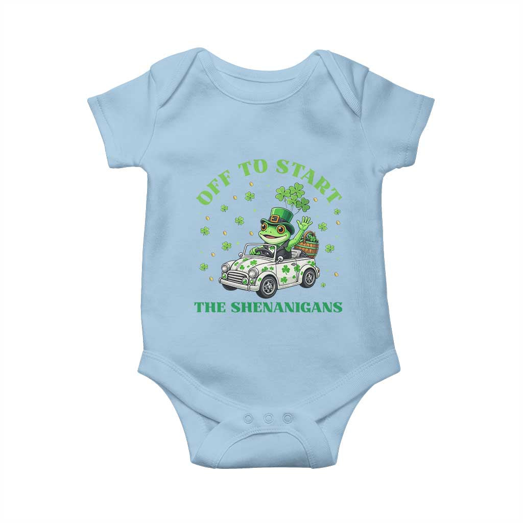 Off To Start The Shenanigans Baby Onesie St Patricks Day Frog TS12 Light Blue Print Your Wear