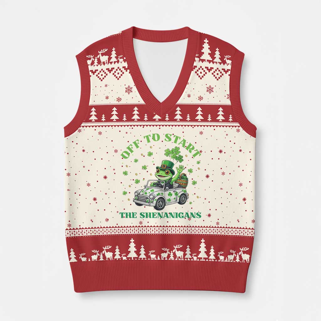 Off To Start The Shenanigans V-Neck Knit Sweater Vest St Patricks Day Frog TS12 Beige Red Print Your Wear