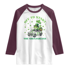 Off To Start The Shenanigans Raglan Shirt St Patricks Day Frog TS12 White Maroon Print Your Wear