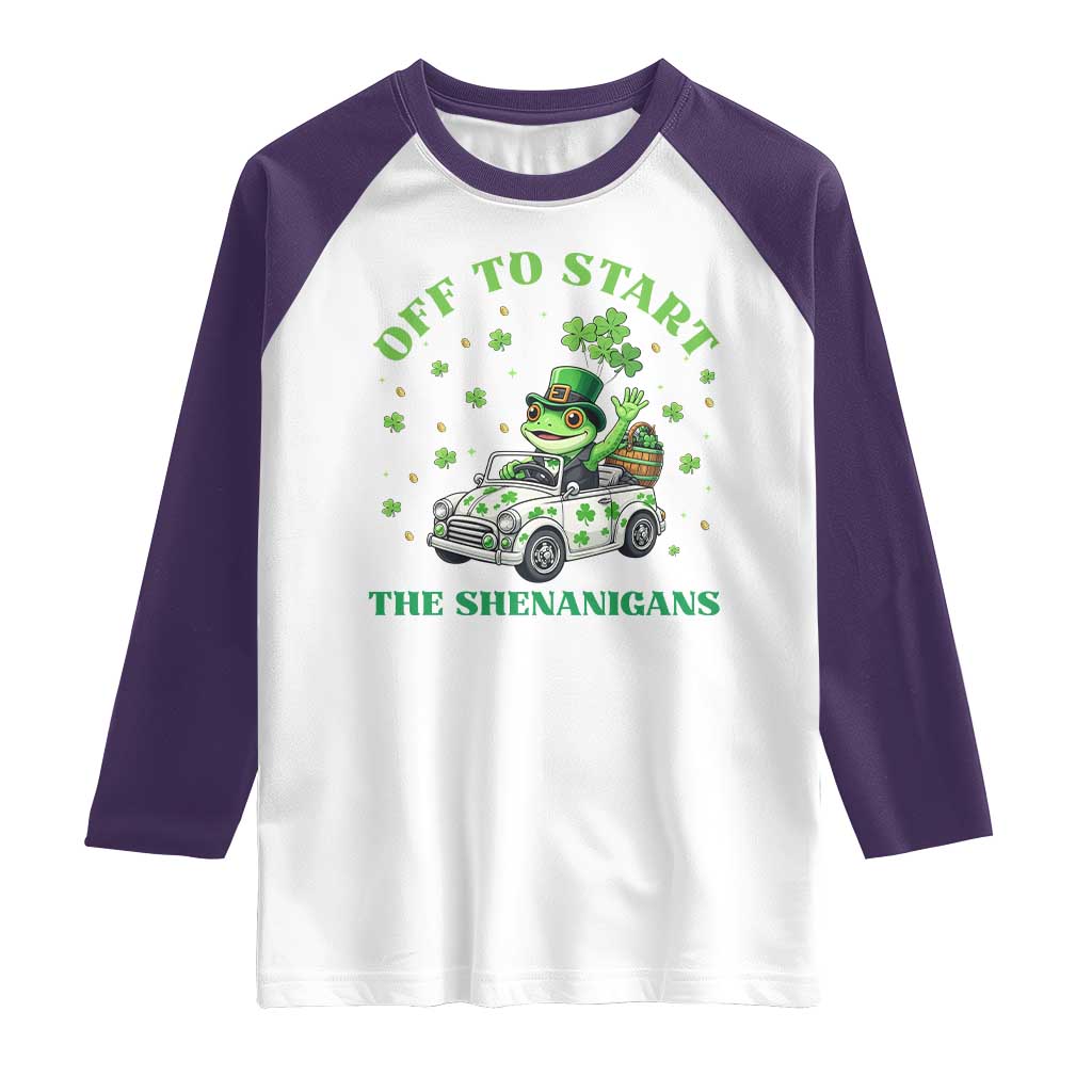 Off To Start The Shenanigans Raglan Shirt St Patricks Day Frog TS12 White Purple Print Your Wear