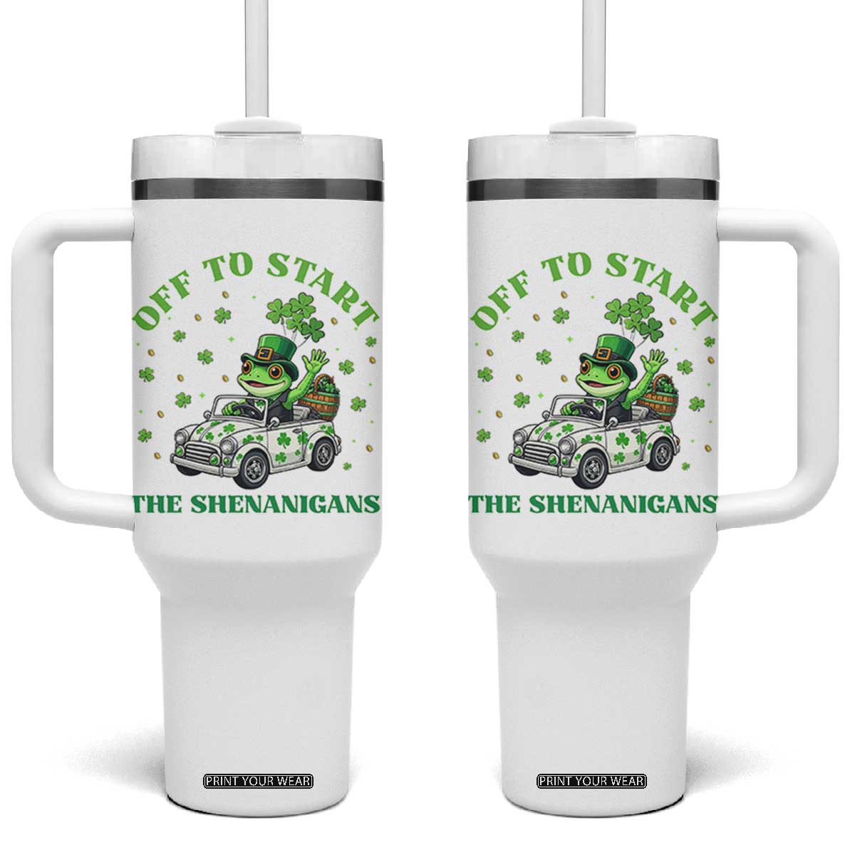 Off To Start The Shenanigans Tumbler With Handle St Patricks Day Frog TS12 One Size: 40 oz White Print Your Wear