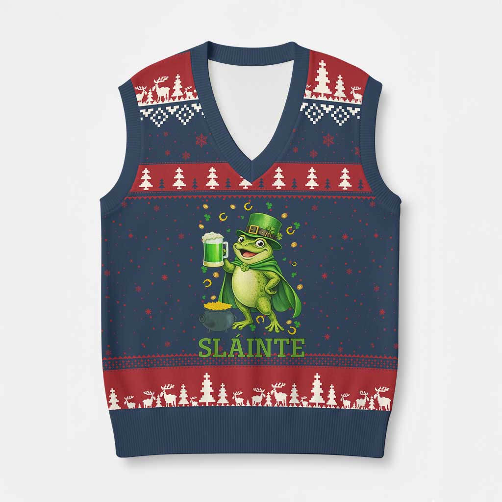 Funny Slainte Irish Frog Beer St Patricks Day V-Neck Knit Sweater Vest TS12 Navy Red Print Your Wear