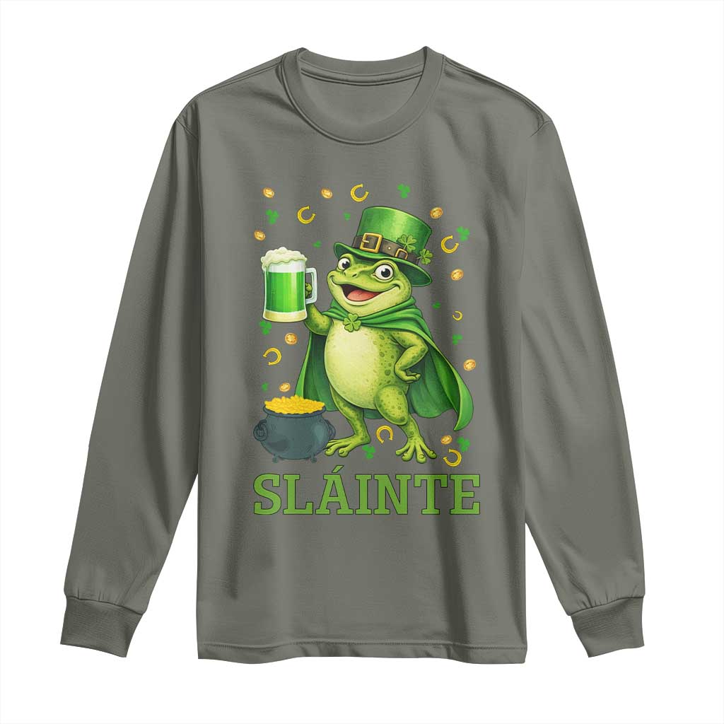 Funny Slainte Irish Frog Beer St Patricks Day Long Sleeve Shirt TS12 Military Green Print Your Wear