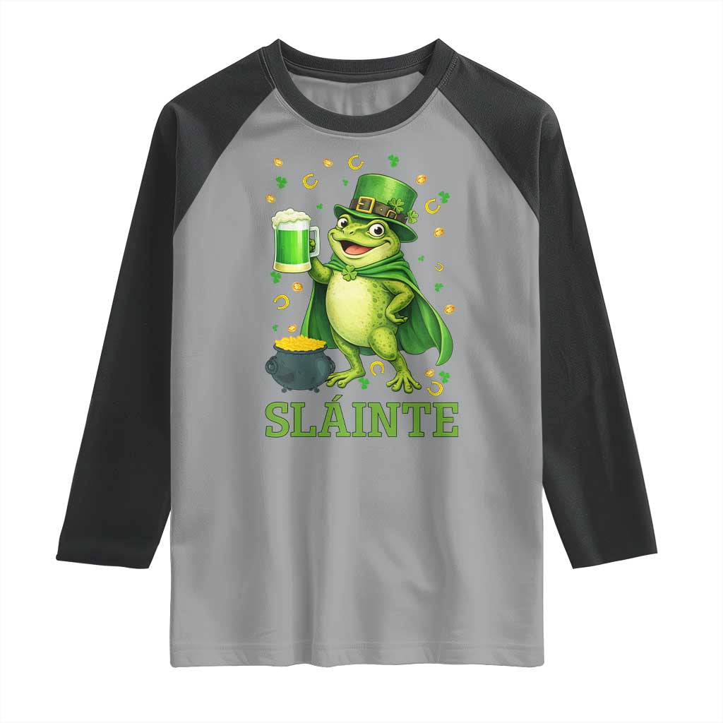 Funny Slainte Irish Frog Beer St Patricks Day Raglan Shirt TS12 Sport Gray Black Print Your Wear