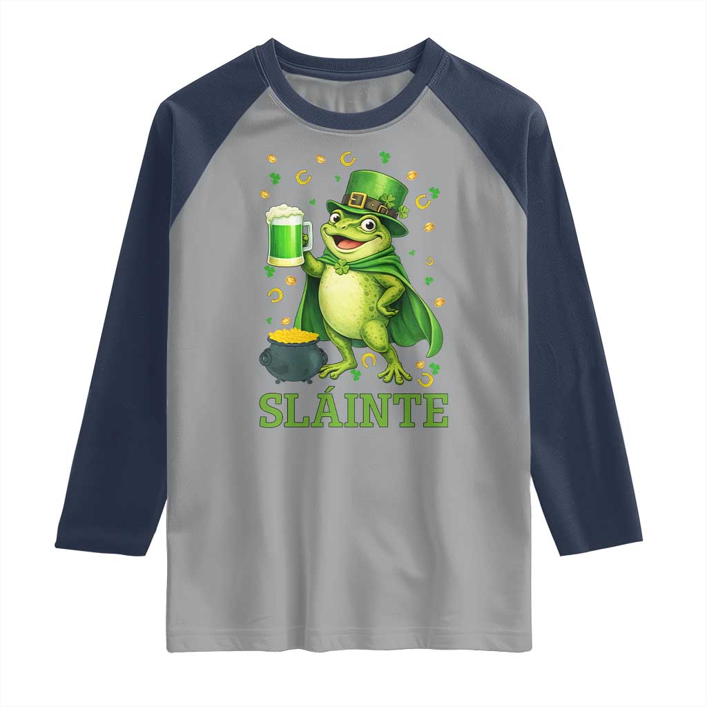 Funny Slainte Irish Frog Beer St Patricks Day Raglan Shirt TS12 Sport Gray Navy Print Your Wear