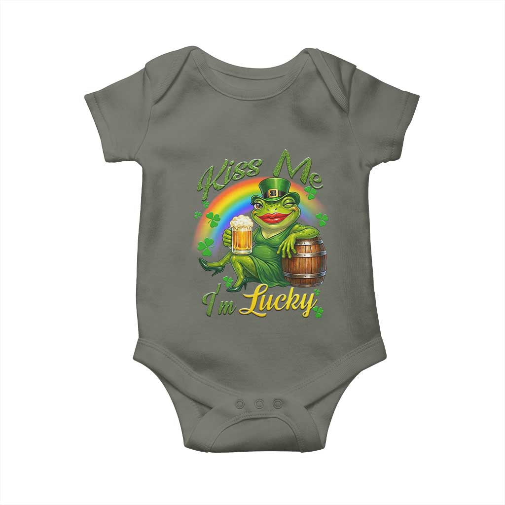 Funny Kiss Me I Am Lucky Baby Onesie St Patricks Day Frog TS12 Military Green Print Your Wear