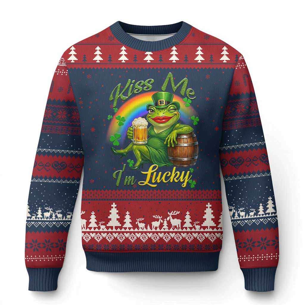 Funny Kiss Me I Am Lucky Ugly Christmas Sweater St Patricks Day Frog TS12 Navy Red Print Your Wear