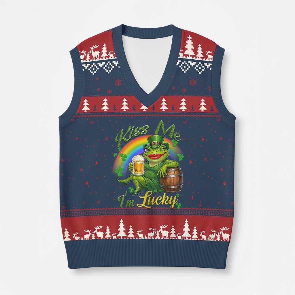 Funny Kiss Me I Am Lucky V-Neck Knit Sweater Vest St Patricks Day Frog TS12 Navy Red Print Your Wear