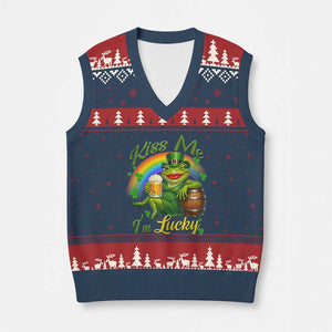 Funny Kiss Me I Am Lucky V-Neck Knit Sweater Vest St Patricks Day Frog TS12 Navy Red Print Your Wear