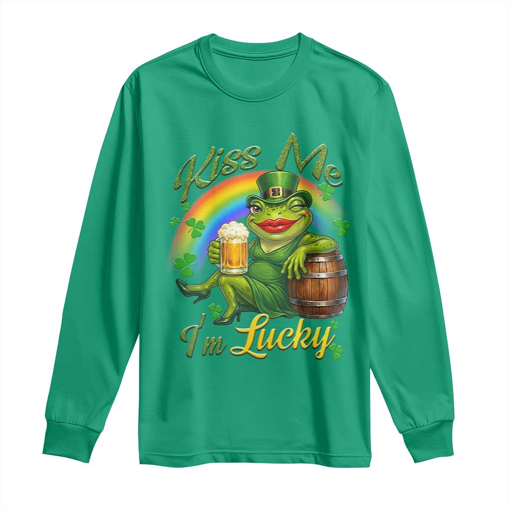 Funny Kiss Me I Am Lucky Long Sleeve Shirt St Patricks Day Frog TS12 Irish Green Print Your Wear