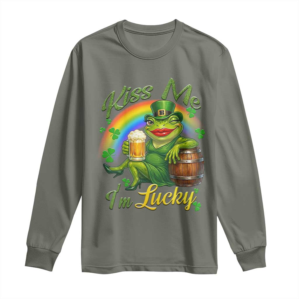 Funny Kiss Me I Am Lucky Long Sleeve Shirt St Patricks Day Frog TS12 Military Green Print Your Wear