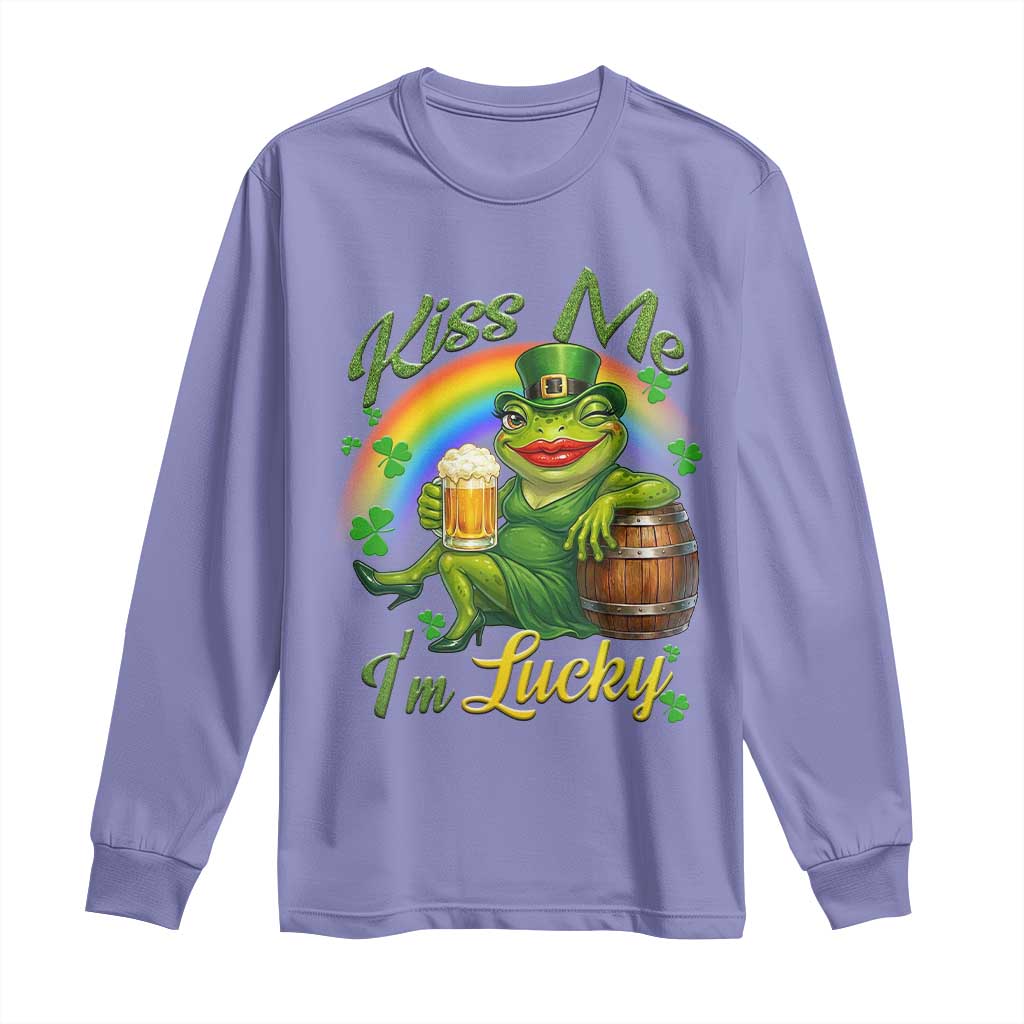 Funny Kiss Me I Am Lucky Long Sleeve Shirt St Patricks Day Frog TS12 Violet Print Your Wear
