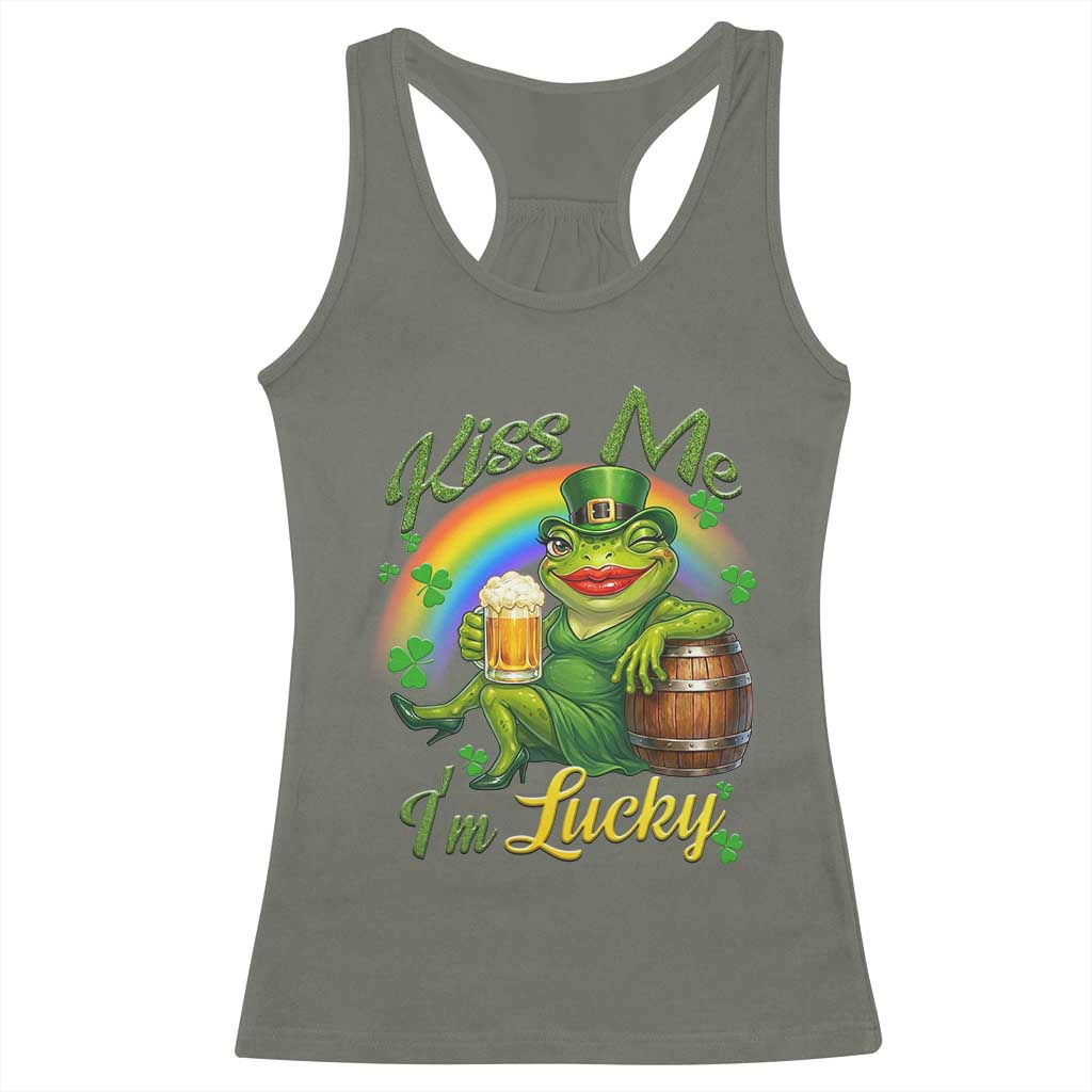 Funny Kiss Me I Am Lucky Racerback Tank Top St Patricks Day Frog TS12 Military Green Print Your Wear