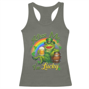 Funny Kiss Me I Am Lucky Racerback Tank Top St Patricks Day Frog TS12 Military Green Print Your Wear