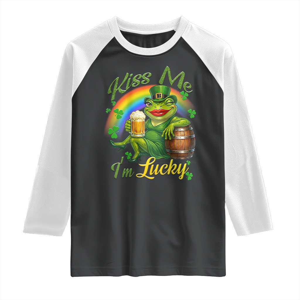 Funny Kiss Me I Am Lucky Raglan Shirt St Patricks Day Frog TS12 Black White Print Your Wear