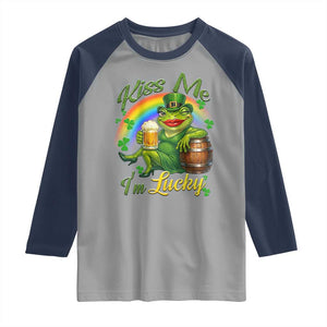 Funny Kiss Me I Am Lucky Raglan Shirt St Patricks Day Frog TS12 Sport Gray Navy Print Your Wear