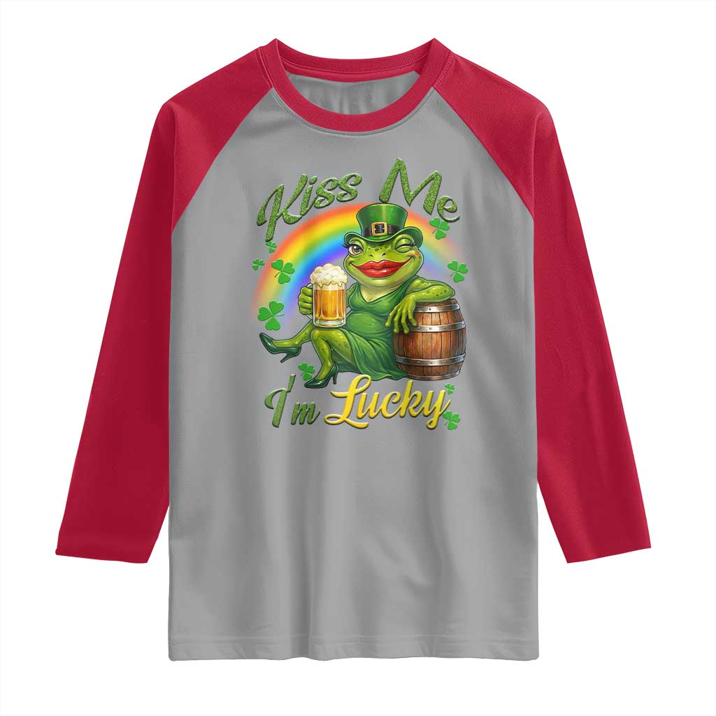 Funny Kiss Me I Am Lucky Raglan Shirt St Patricks Day Frog TS12 Sport Gray Red Print Your Wear