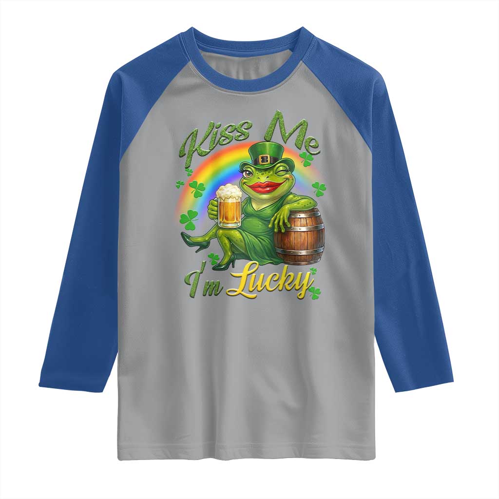 Funny Kiss Me I Am Lucky Raglan Shirt St Patricks Day Frog TS12 Sport Gray Royal Print Your Wear