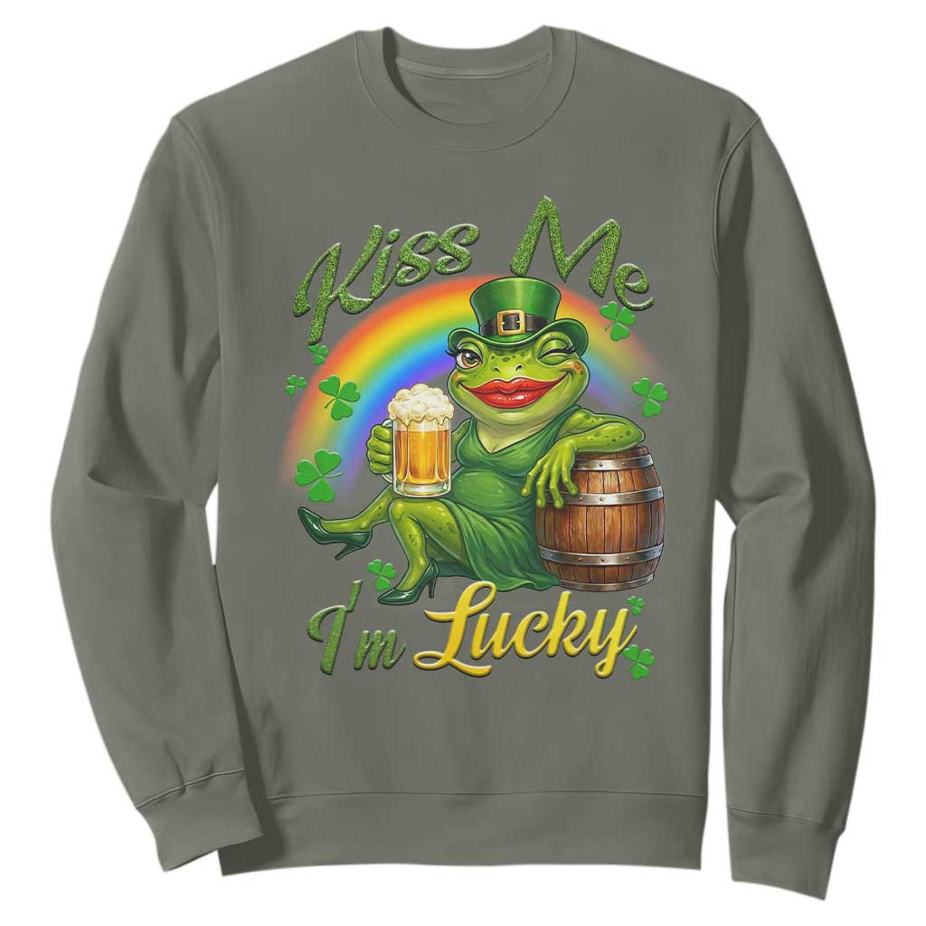 Funny Kiss Me I Am Lucky Sweatshirt St Patricks Day Frog TS12 Military Green Print Your Wear