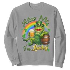 Funny Kiss Me I Am Lucky Sweatshirt St Patricks Day Frog TS12 Sport Gray Print Your Wear