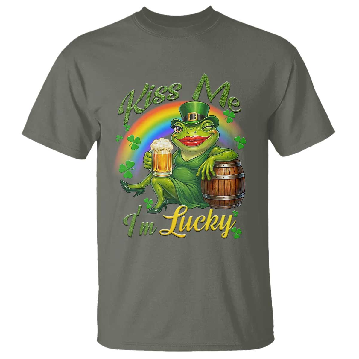 Funny Kiss Me I Am Lucky T Shirt St Patricks Day Frog TS12 Military Green Print Your Wear