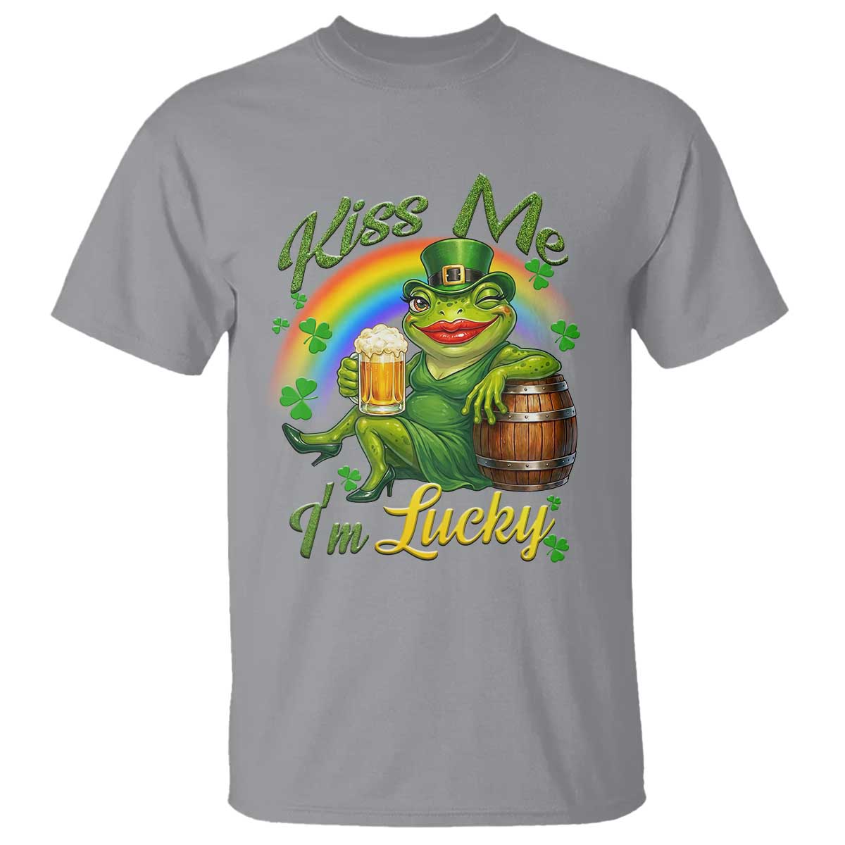 Funny Kiss Me I Am Lucky T Shirt St Patricks Day Frog TS12 Sport Gray Print Your Wear