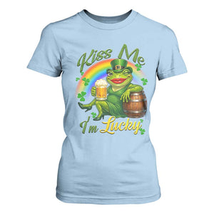 Funny Kiss Me I Am Lucky T Shirt For Women St Patricks Day Frog TS12 Light Blue Print Your Wear