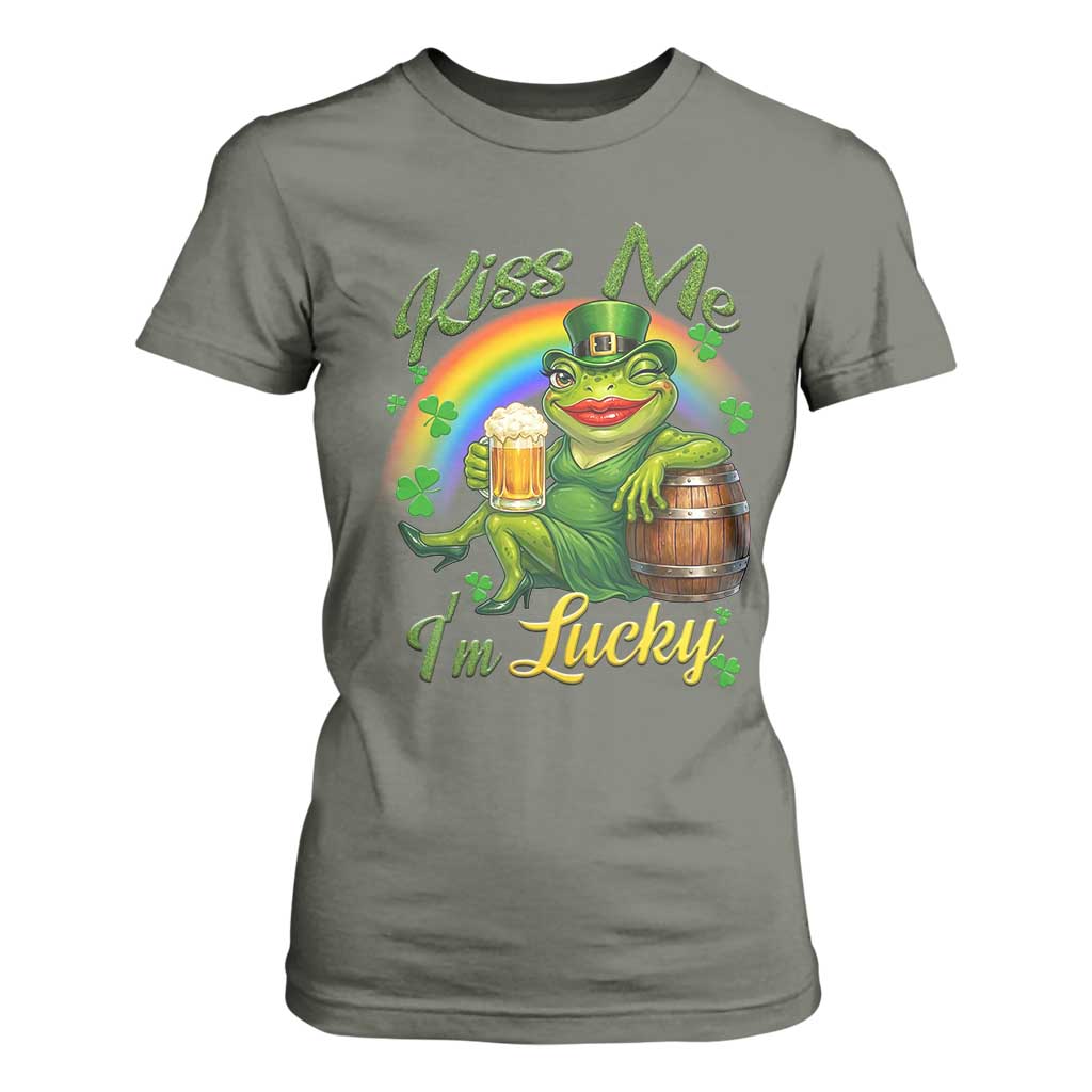 Funny Kiss Me I Am Lucky T Shirt For Women St Patricks Day Frog TS12 Military Green Print Your Wear