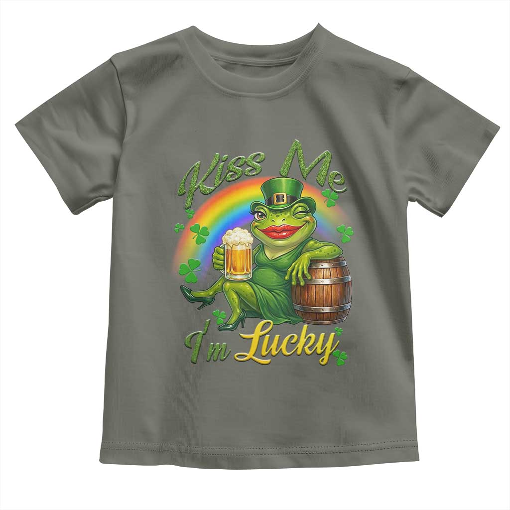 Funny Kiss Me I Am Lucky Toddler T Shirt St Patricks Day Frog TS12 Military Green Print Your Wear
