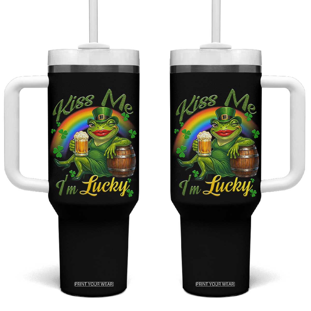 Funny Kiss Me I Am Lucky Tumbler With Handle St Patricks Day Frog TS12 One Size: 40 oz Black Print Your Wear