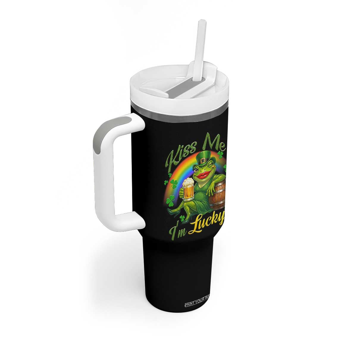 Funny Kiss Me I Am Lucky Tumbler With Handle St Patricks Day Frog TS12 Print Your Wear