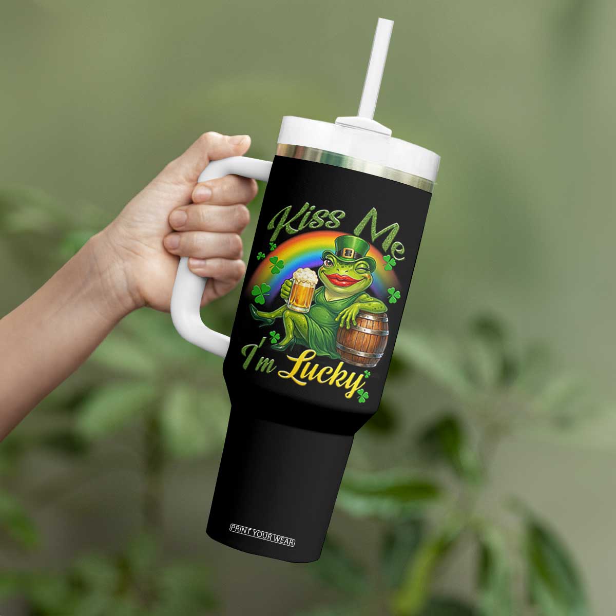 Funny Kiss Me I Am Lucky Tumbler With Handle St Patricks Day Frog TS12 Print Your Wear