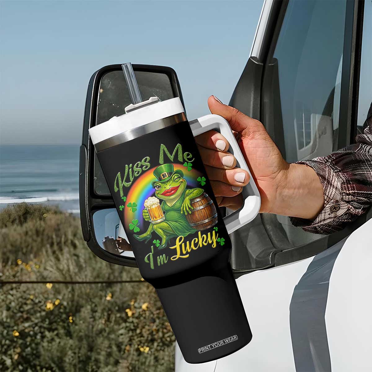 Funny Kiss Me I Am Lucky Tumbler With Handle St Patricks Day Frog TS12 Print Your Wear