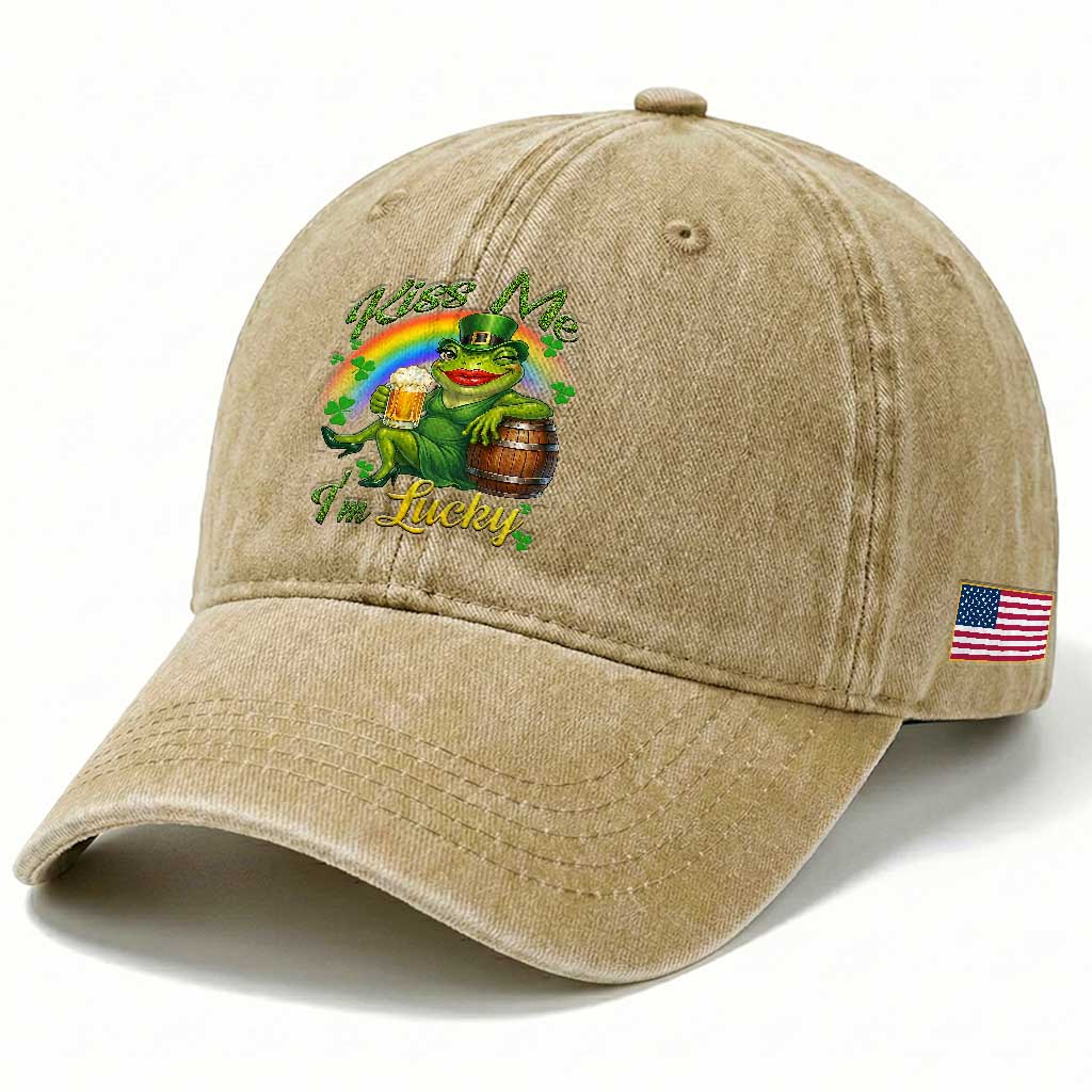 Funny Kiss Me I Am Lucky Washed Cotton Baseball Cap St Patricks Day Frog TS12 Print Your Wear