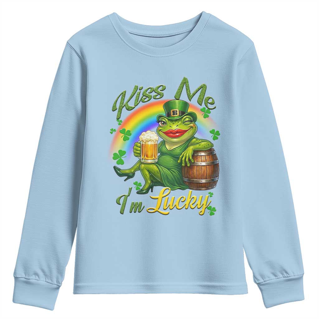 Funny Kiss Me I Am Lucky Youth Sweatshirt St Patricks Day Frog TS12 Light Blue Print Your Wear