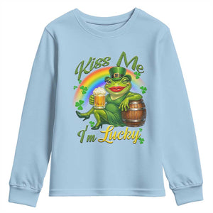 Funny Kiss Me I Am Lucky Youth Sweatshirt St Patricks Day Frog TS12 Light Blue Print Your Wear