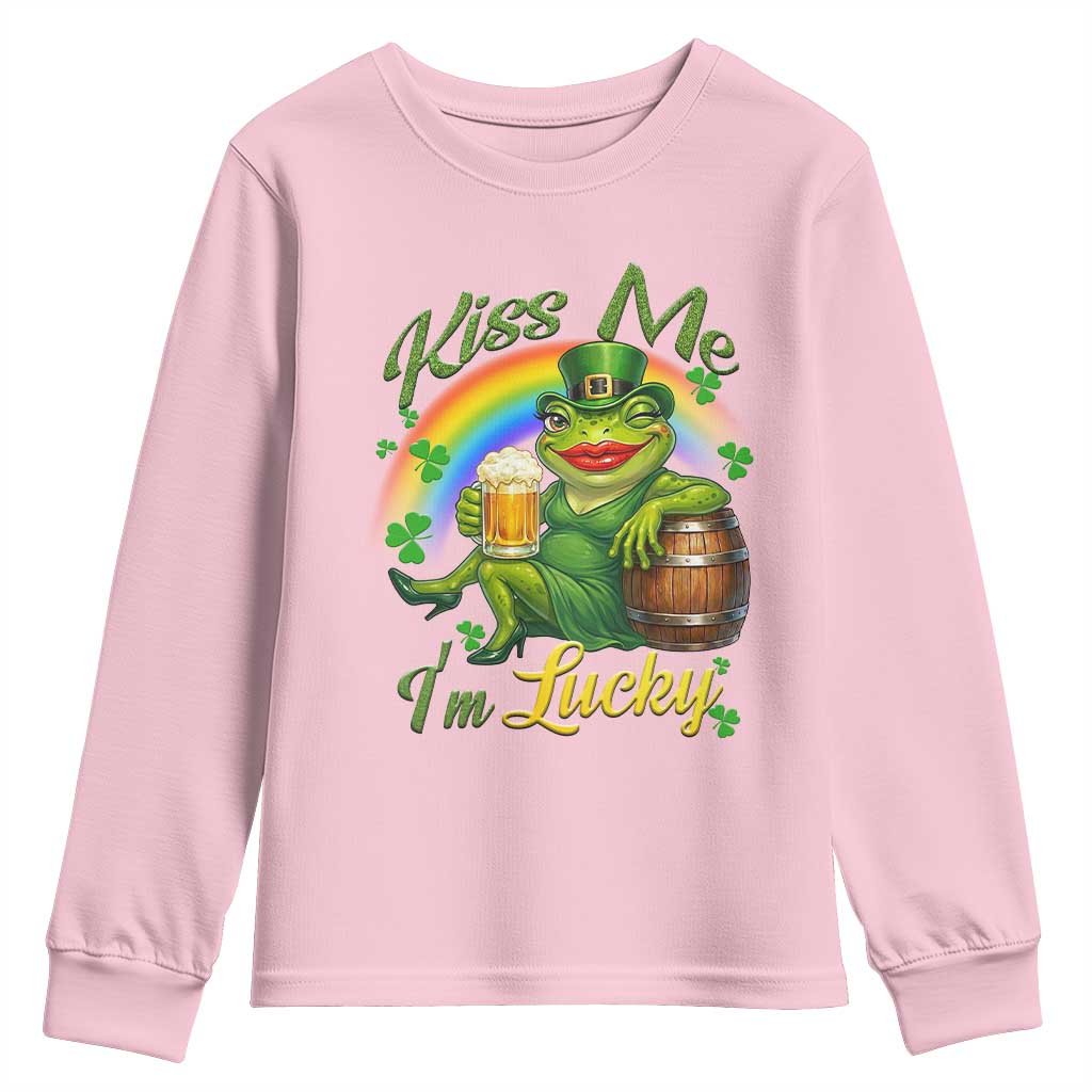 Funny Kiss Me I Am Lucky Youth Sweatshirt St Patricks Day Frog TS12 Light Pink Print Your Wear