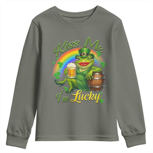 Funny Kiss Me I Am Lucky Youth Sweatshirt St Patricks Day Frog TS12 Military Green Print Your Wear