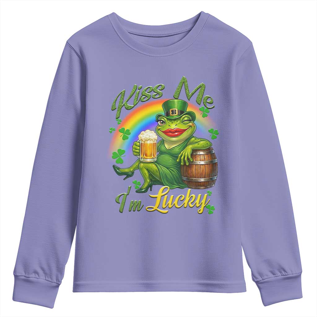 Funny Kiss Me I Am Lucky Youth Sweatshirt St Patricks Day Frog TS12 Violet Print Your Wear