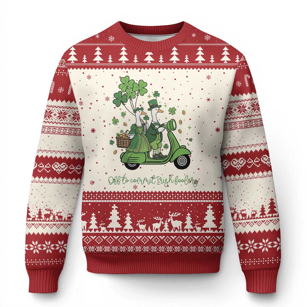Funny Silly Irish Goose Ugly Christmas Sweater Off To Commit Irish Foolery
