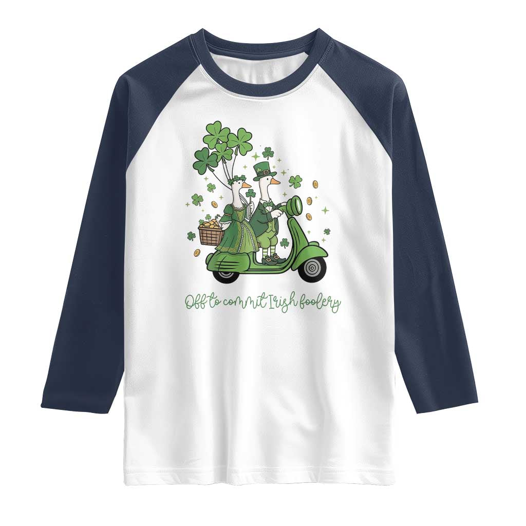 Funny Silly Irish Goose Raglan Shirt Off To Commit Irish Foolery TS12 White Navy Print Your Wear