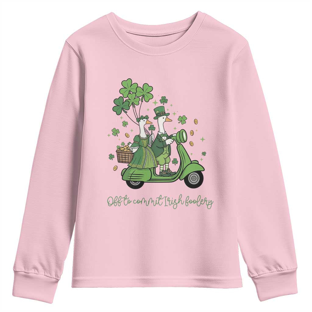 Funny Silly Irish Goose Youth Sweatshirt Off To Commit Irish Foolery TS12 Light Pink Print Your Wear