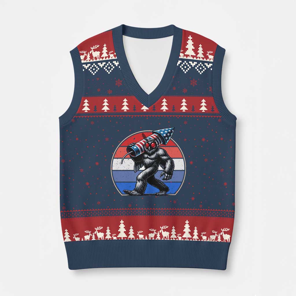 Funny Patriotic Mothman V-Neck Knit Sweater Vest West Virginia Cryptid Lover Gift TS12 Navy Red Print Your Wear