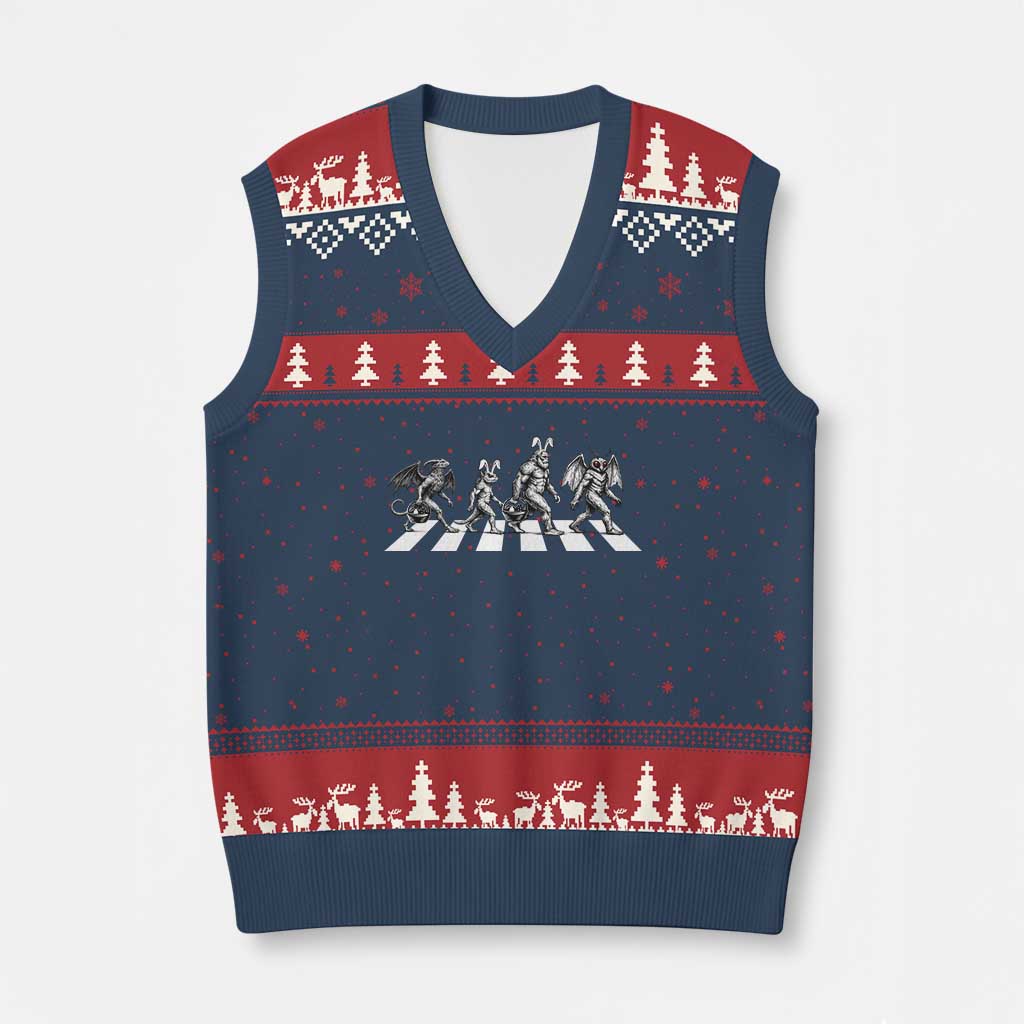Funny Easter Cryptid Walk V-Neck Knit Sweater Vest Bigfoot Mothman Jersey Devil Chupacabra TS12 Navy Red Print Your Wear