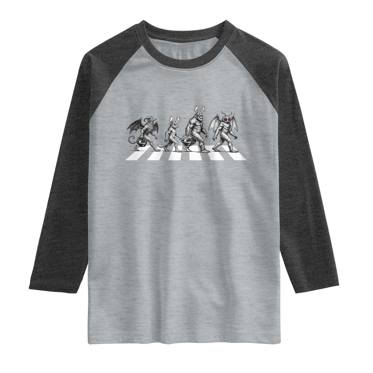 Funny Easter Cryptid Walk Raglan Shirt Bigfoot Mothman Jersey Devil Chupacabra TS12 Heather Gray Heather Charcoal Print Your Wear