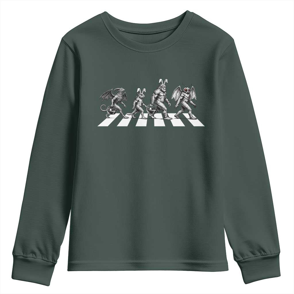 Funny Easter Cryptid Walk Youth Sweatshirt Bigfoot Mothman Jersey Devil Chupacabra TS12 Dark Forest Green Print Your Wear