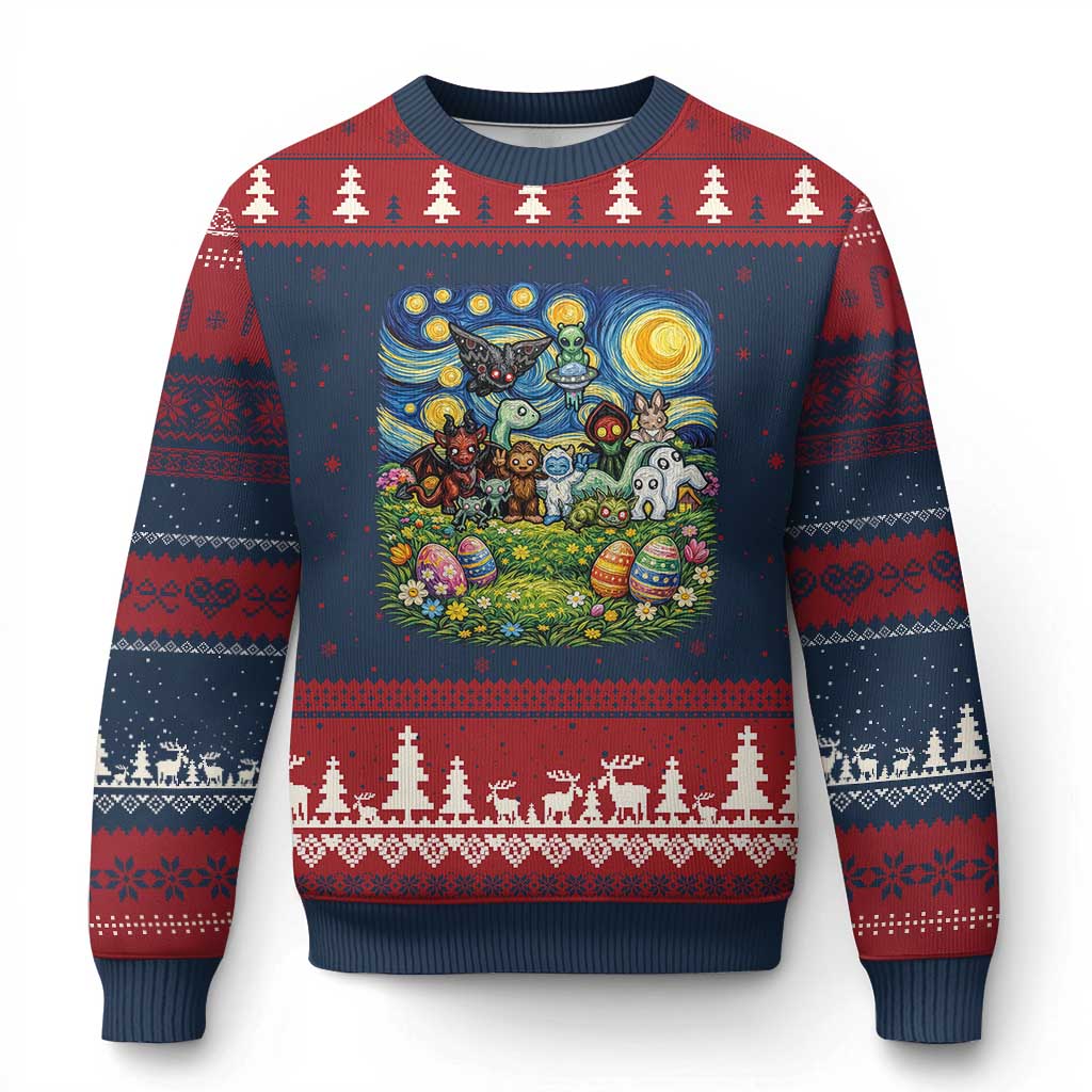 Funny Cryptid Starry Night Easter Ugly Christmas Sweater Monster Lover Gift TS12 Navy Red Print Your Wear