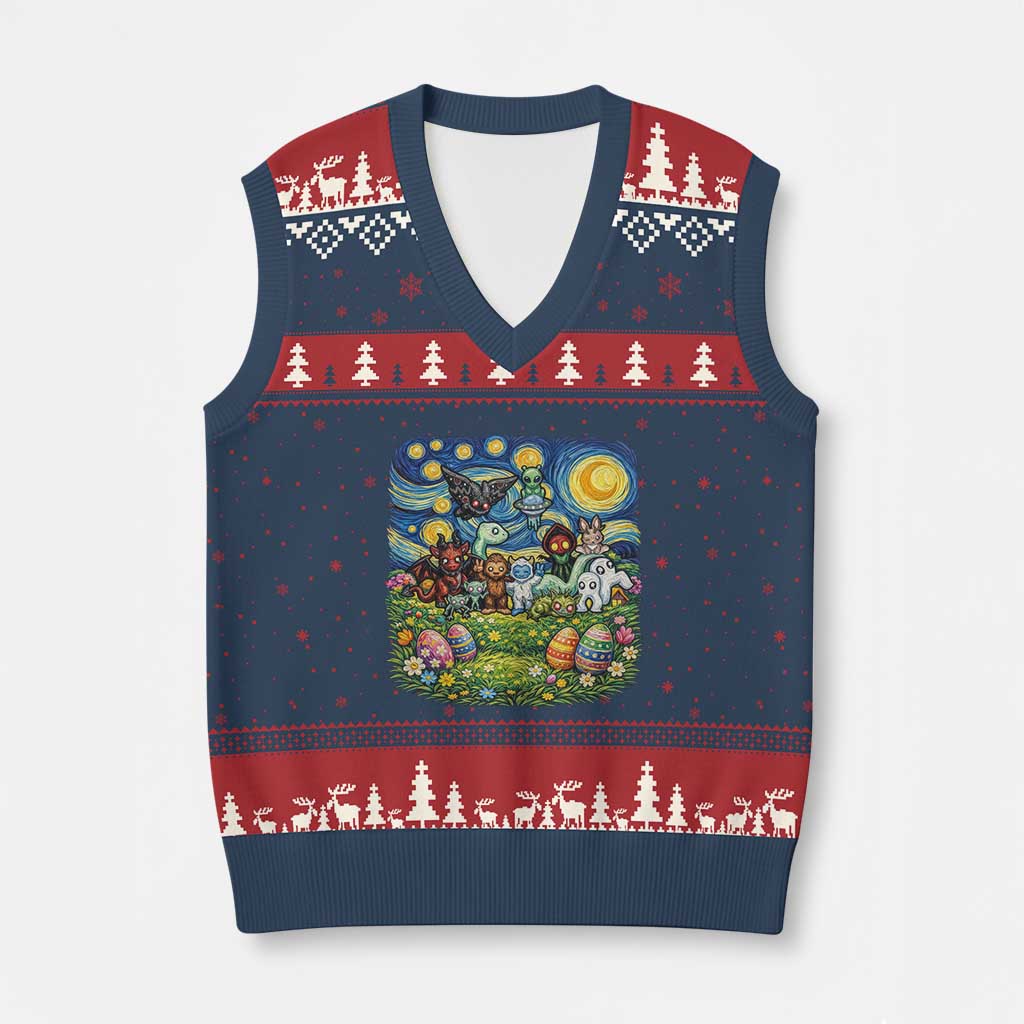 Funny Cryptid Starry Night Easter V-Neck Knit Sweater Vest Monster Lover Gift TS12 Navy Red Print Your Wear