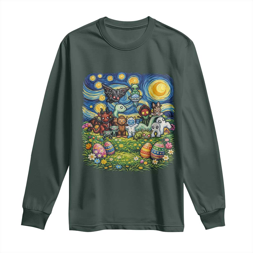 Funny Cryptid Starry Night Easter Long Sleeve Shirt Monster Lover Gift TS12 Dark Forest Green Print Your Wear