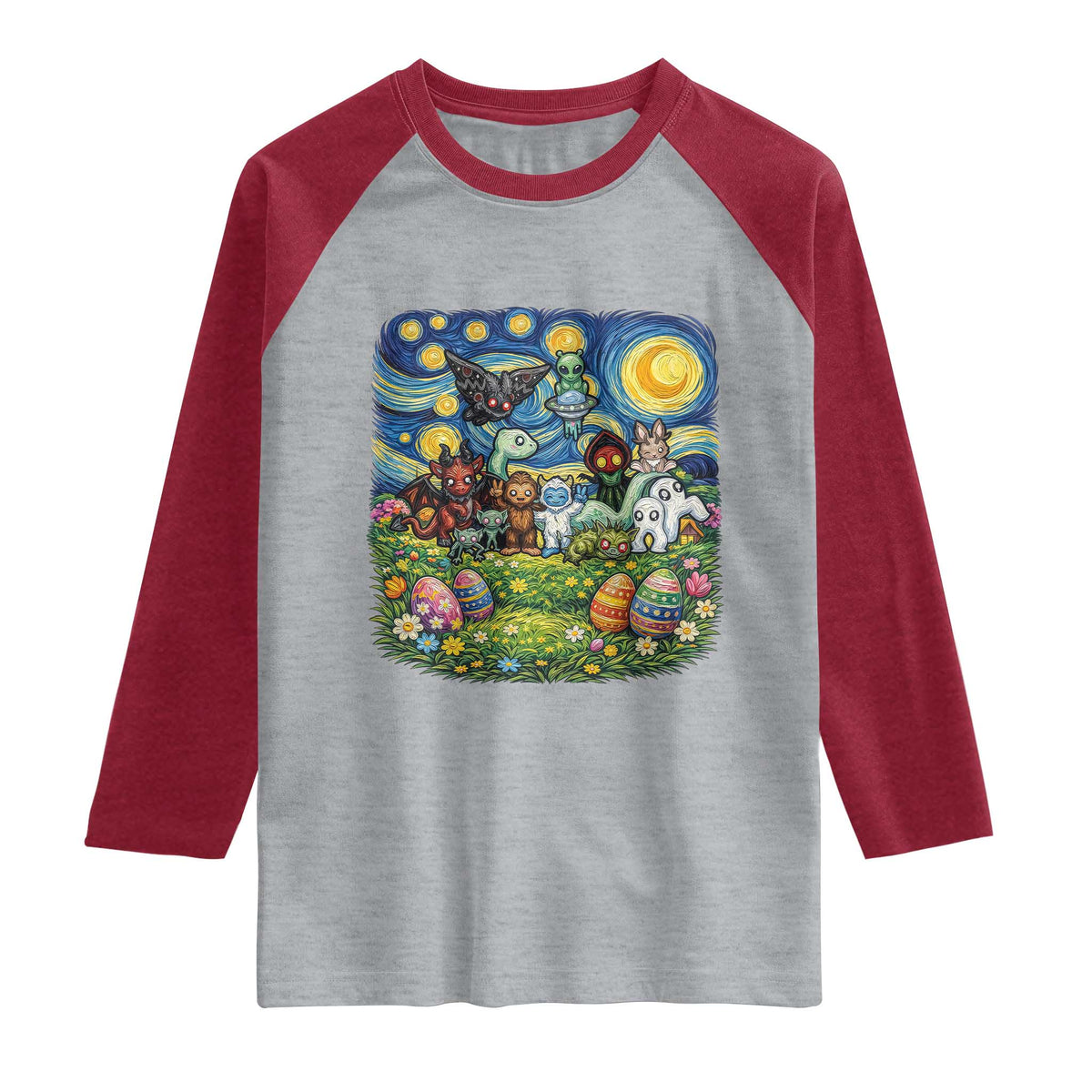 Funny Cryptid Starry Night Easter Raglan Shirt Monster Lover Gift TS12 Heather Gray Heather Red Print Your Wear